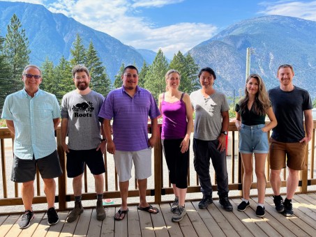 Kanaka Bar leaders and conservationists, from left to right: Kanaka Bar CEO Greg Grayson, Lands Manager Sean O'Rourke, Chief Jordan Spinks, Endangered Ecosystems Alliance Outreach Director Celina Starnes, Executive Director Ken Wu, Nature-Based Solutions Foundation National Coordinator Hania Peper, Ancient Forest Alliance Photographer & Campaigner TJ Watt. 