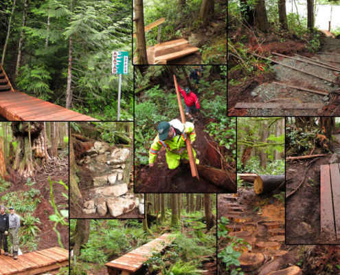 A collage of images featuring various sections of the Avatar Grove boardwalk completed over the May Long Weekend.