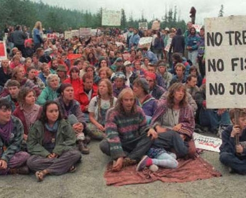 Clayoquot Sound protesters at a blockade in 1993.