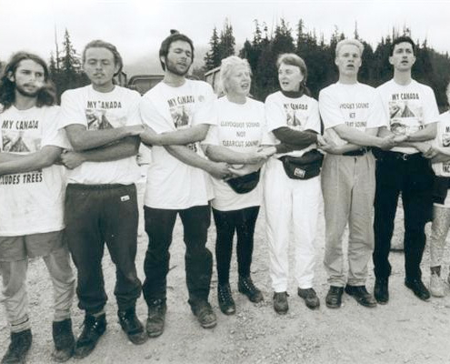 Then Burnaby NDP MP Svend Robinson (second from right) joins in anti-logging protest on the Kennedy Lake bridge in Clayoquot Sound in 1993.