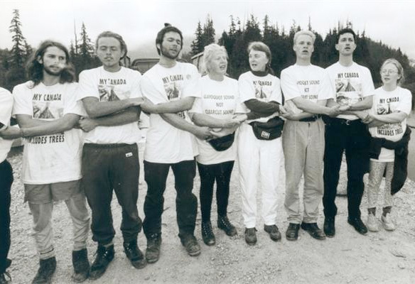 Then Burnaby NDP MP Svend Robinson (second from right) joins in anti-logging protest on the Kennedy Lake bridge in Clayoquot Sound in 1993.