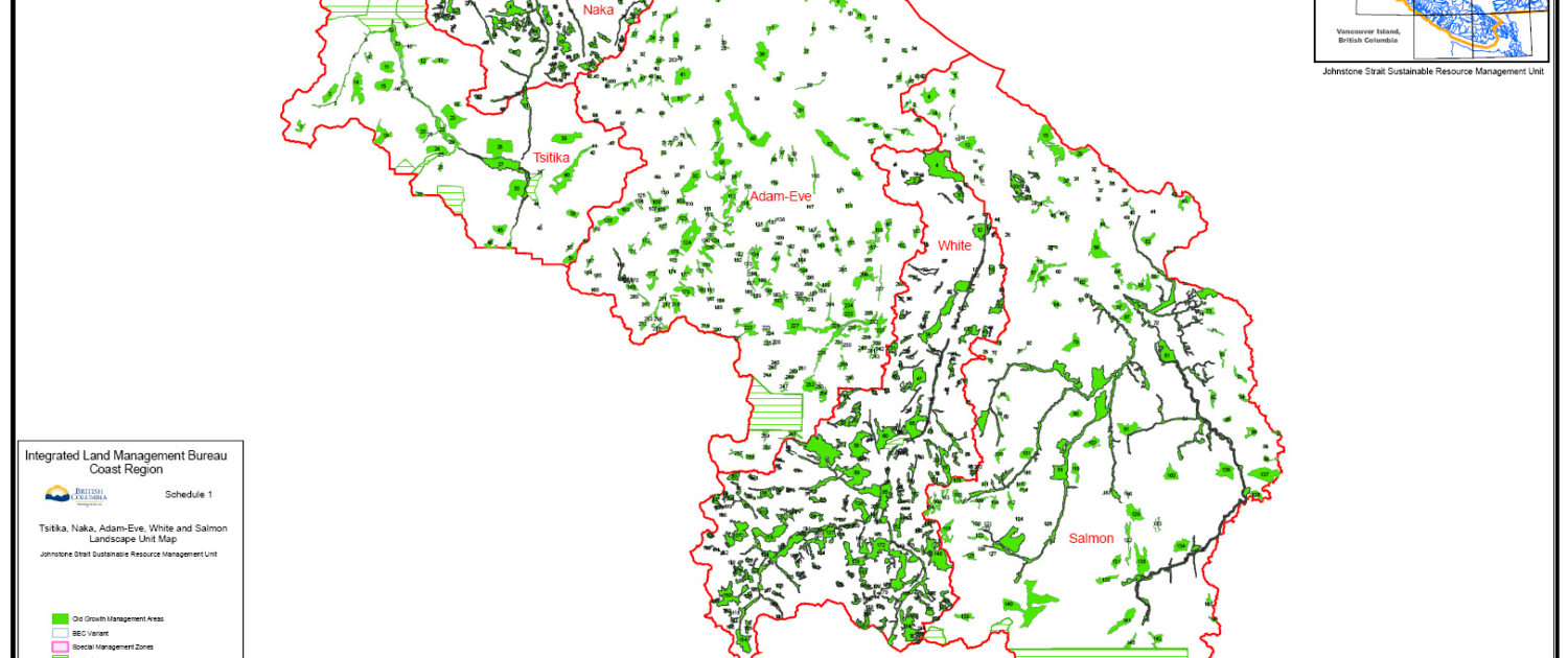 Overview map of new old-growth management areas recently created on the central and north coast of Vancouver Island.