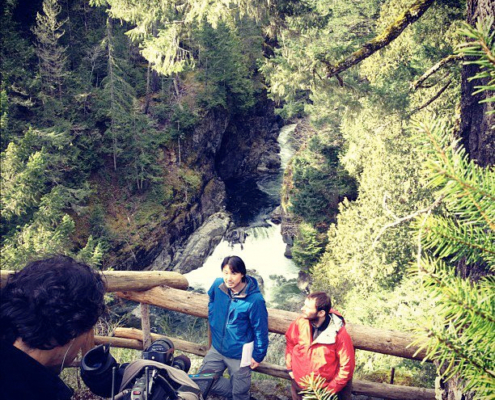 AFA's Ken Wu and Friends of Stillwater Bluffs' Jason Addy holding a press conference with the Times Colonist and CTV at the Sooke Potholes calling for a BC Park Acquisition Fund.