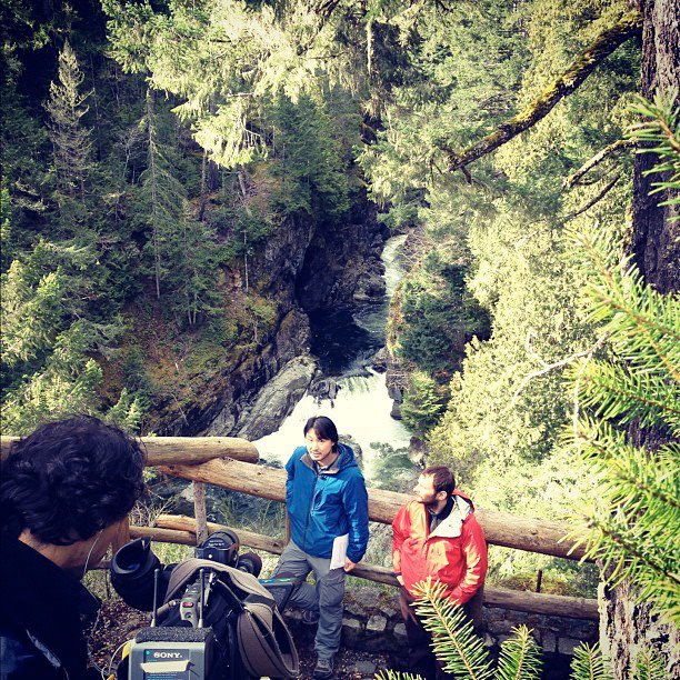 AFA's Ken Wu and Friends of Stillwater Bluffs' Jason Addy holding a press conference with the Times Colonist and CTV at the Sooke Potholes calling for a BC Park Acquisition Fund.