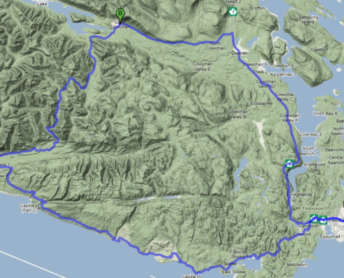 A map of the riders 260km round trip Big Trees Pedal Powered Tour.