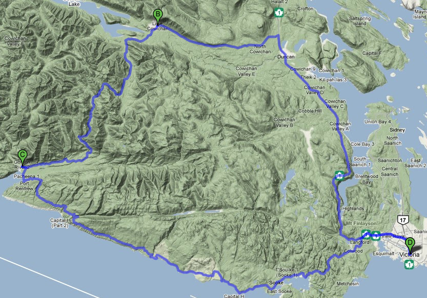 A map of the riders 260km round trip Big Trees Pedal Powered Tour.