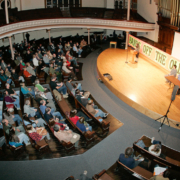 Stage and crowd at the very start of the night. The crowd increased another 30% in size over the next half hour!
