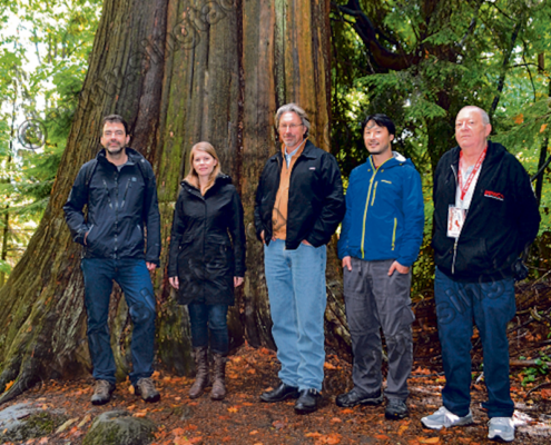 From left to right: Jens Wieting (Sierra Club of BC); Andrea Inness (AFA); Dan Hager (Port Renfrew Chamber of Commerce); Ken Wu (AFA); and Arnold Bercov (Public and Private Workers of Canada) by an old-growth redcedar tree in Stanley Park.