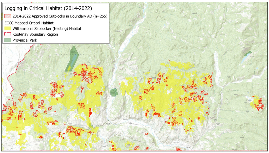 A map of the areas where Williamson's sapsucker's primary habitats are in the southern BC interior.