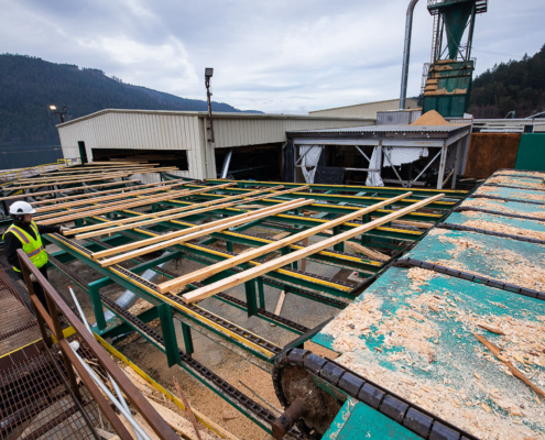 Lumber made from second-growth wood rolls through the former San Group Mill in Port Alberni. Facilities processing smaller diameter logs would have benefited from a fund with the stipulations that we are proposing.